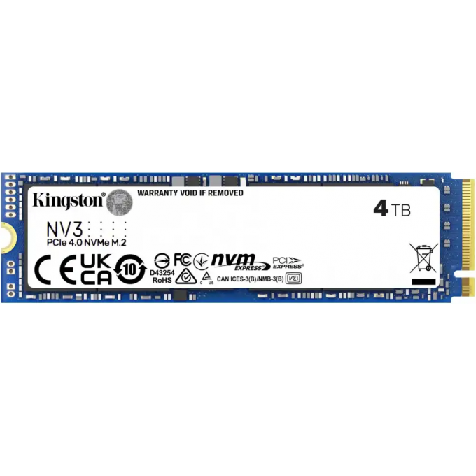 Твердотельный накопитель KINGSTON SSD NV3, 4000GB, M.2(22x80mm), NVMe, PCIe 4.0 x4, R/W 6000/5000MB/s, TBW 1280, DWPD 0.3 SNV3S/4000G Твердотельный накопитель KINGSTON SSD NV3, 4000GB, M.2(22x80mm), NVMe, PCIe 4.0 x4, R/W 6000/5000MB/s, TBW 1280, DWPD 0.3 SNV3S/4000G